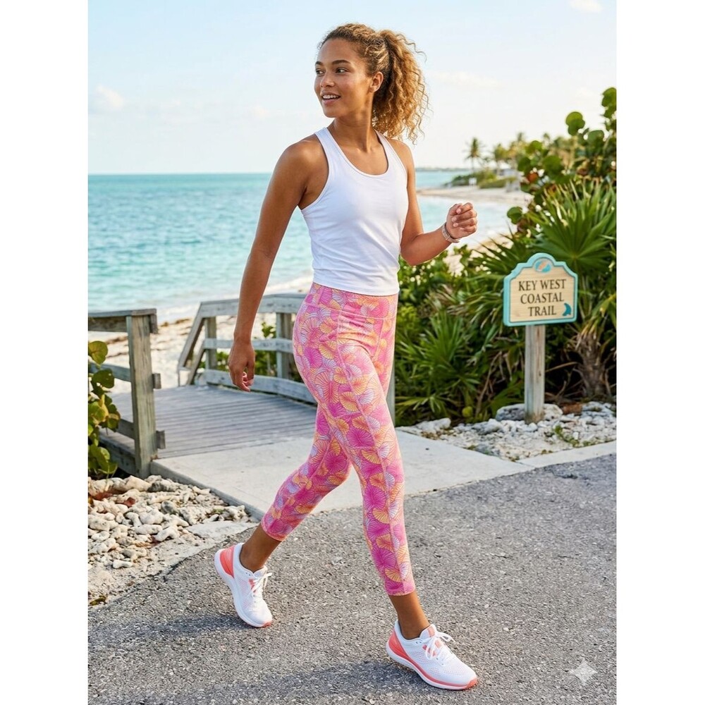 POP Fit Pink Yellow Tropical Leaf Print High Waisted Athletic Leggings - Size L